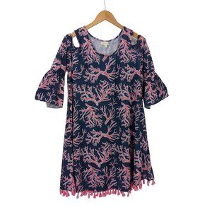 Simply Southern Dress Women M Blue Pink Shift Coral Tassels Pockets Beachy